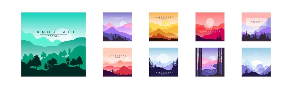 Flat Landscape Design Square View and Scene Vector Set イラスト素材