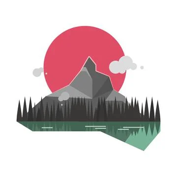 Flat landscape of mountain, lake, trees and sun. Stock Illustration