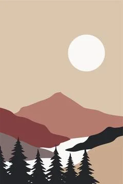 Flat landscape mountain view wall art decor Stock Illustration