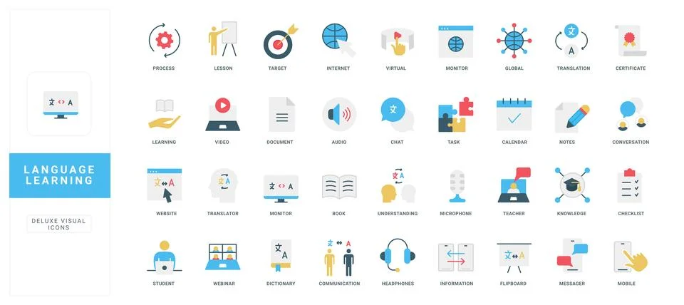 Flat Language Learning Icons for Education Apps 스톡 일러스트