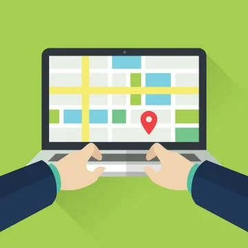 Flat Laptop Location Mapping Technology Stock Illustration