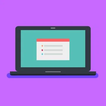 Flat laptop with red tab site on blue screen and purple background Stock Illustration