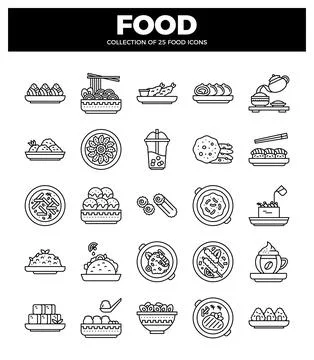 A flat lay of 25 black and white line art food icons. Collection of diverse.. Stock Illustration
