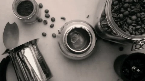 Flat lay 90 degree of person making espresso coffee - 15 s Stock Footage 129984909