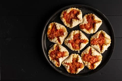 Flat lay above Mini Pizzas Stock Photos