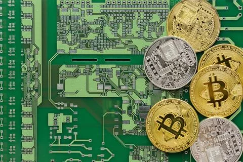 Flat lay abstract innovation assortment with bitcoins Stock Photos