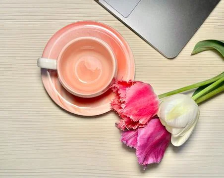 Flat lay of an aesthetic pink empty coffee cup next to tulips and a laptop Stock Photos