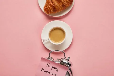 Flat lay alarm clock happy Stock Photos