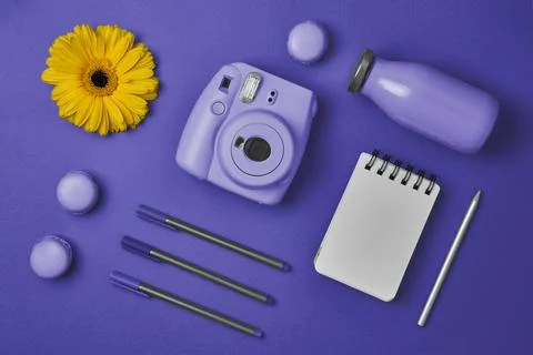 Flat lay analog camera pens, flower, bottle, notebook and macaroons on violet Stock Photos