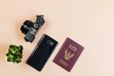 Flat lay and copy space for design work of vintage digital compact camera  Stock Photos