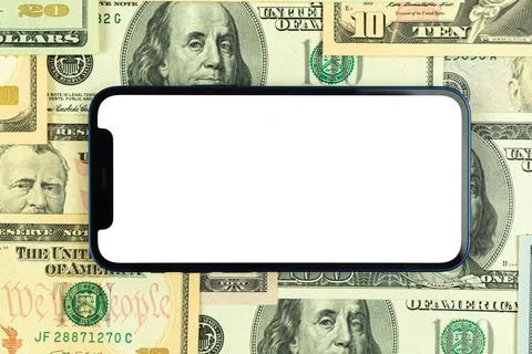 Flat lay Apple iPhone horizontally screen mockup, business office desktop wit Stock Photos
