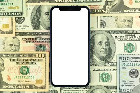 Flat lay Apple iPhone mockup, business office desktop with money and dollar b Stock Photos