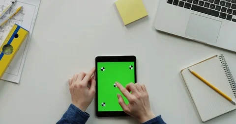 Flat lay of the architect work desk with a laptop and black vertical tablet Stock-Footage 96048325