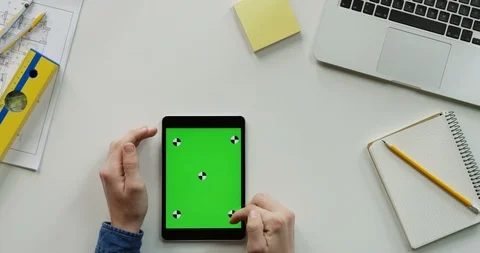 Flat lay of the architect work desk with a laptop and black vertical tablet Stock Footage 96187443