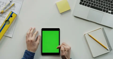Flat lay of the architect work desk with a laptop and black vertical tablet Video stock 96187685