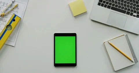 Flat lay of the architect work desk with a laptop and black vertical tablet Stock Footage 96187751