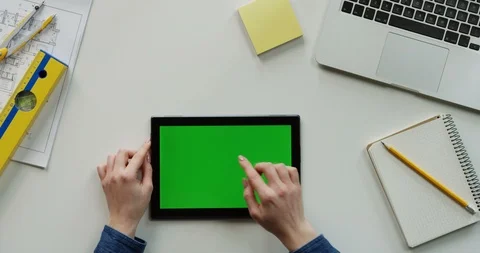 Flat lay of the architect work desk with a laptop and black horizontal tablet Video stock 96189126