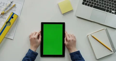 Flat lay of the architect work desk with a laptop and black vertical tablet Stock-Footage 96189266