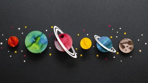 Flat lay arrangement creative paper planets Resolution and high quality Stock Photos