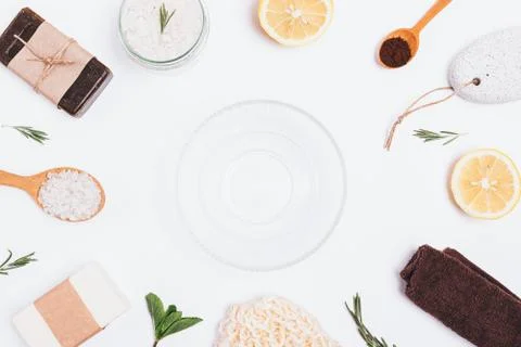 Flat lay arrangement of empty glass bowl Stock Photos