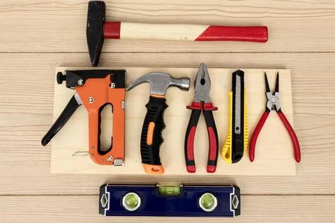 Flat lay arrangement tools carpentry Stock Photos