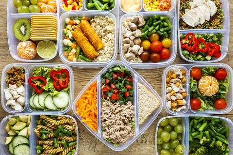 Flat-lay-assortment-batch-food-cooked-table Stock Photos