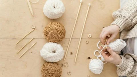 Flat lay assortment knitting tools Stock Photos