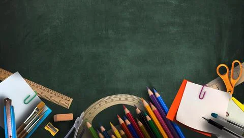 Flat lay Back to school Concept. Various school supplies arranged on Green wood Stock Illustration