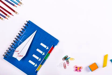 Flat lay, back to school , copy space, workspace, educational process Foto stock