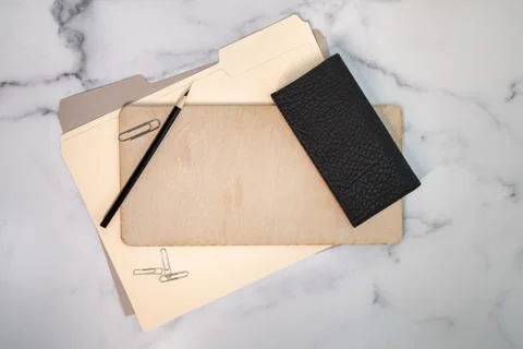 Flat lay background checkbook file folder pencil blank sign no words Stock Photos