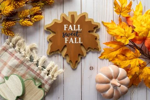 Flat lay background for fall and autum, with maple leaves, wooden apples, p.. Stock Photos