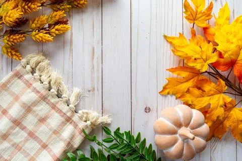 Flat lay background for fall and autum, with maple leaves, foliage, pumpkin.. Stock Photos