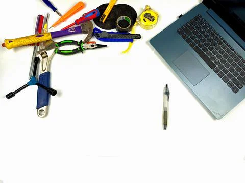 Flat lay, background mockup. The workspace on the desk background is white Stock Photos