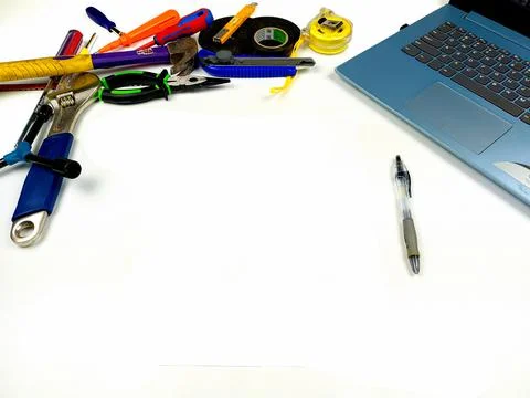 Flat lay, background mockup. The workspace on the desk background is white Stock Photos