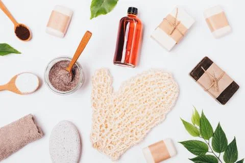 FLat lay background of natural bath cosmetics Stock Photos