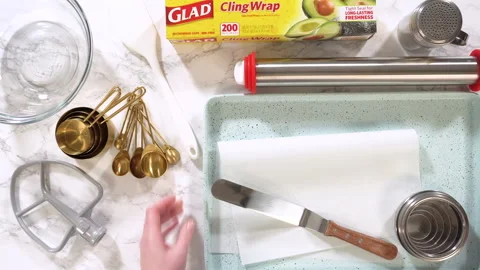 Flat Lay of Baking Tools with Cling Wrap Stock Footage 314950982