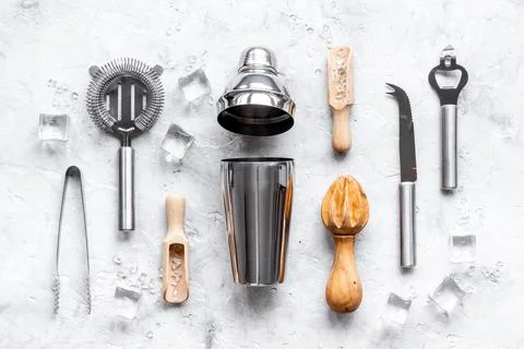 Flat lay of bar tools and utensils for cocktail Stock Photos