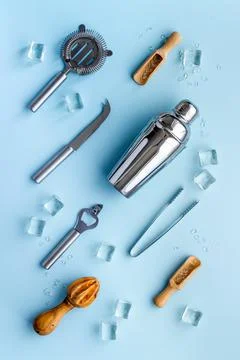 Flat lay of bar tools and utensils for cocktail Stock Photos
