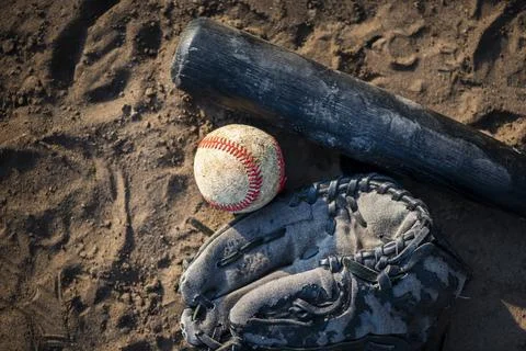 Flat lay baseball bat dirt Stock Photos