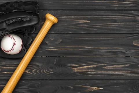 Flat lay baseball bat with glove ball Stock Photos