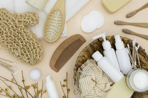 Flat lay bath concept accessories Stock Photos