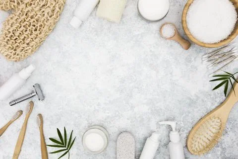 Flat lay bath concept accessories with copy space Stock Photos