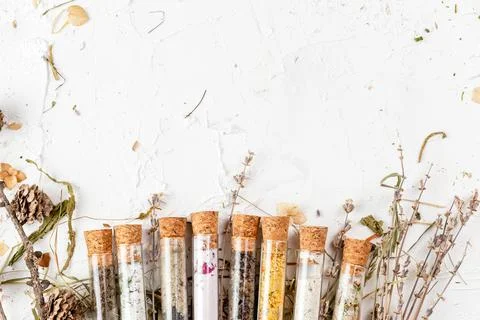 Flat lay of bath salts set in glass tubes Stock Photos