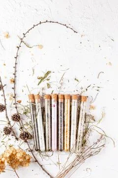 Flat lay of bath salts set in glass tubes Stock Photos