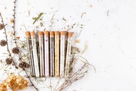 Flat lay of bath salts set in glass tubes Stock Photos