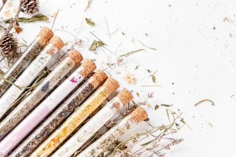 Flat lay of bath salts set in glass tubes Stock Photos