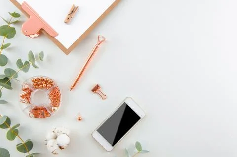 Flat lay beautiful Stylish workspace. Fashion women blogger workspace with a Stock Photos
