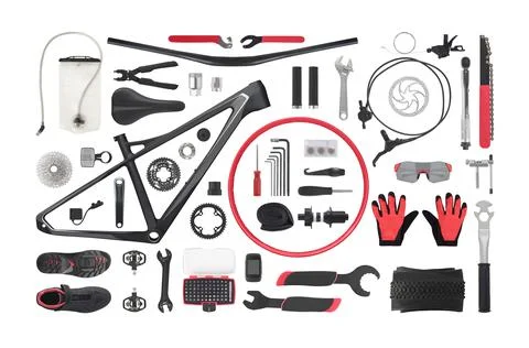 Flat lay of bicycle components 스톡 사진