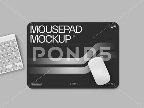 Flat Lay Black Mousepad Mockup with White Mouse and Keyboard on Gray Background PSD Template