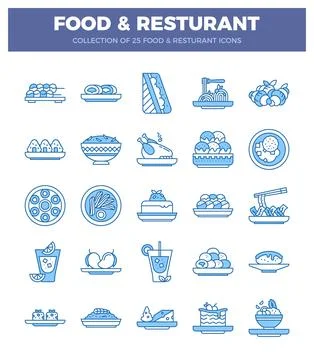 Flat lay of blue and white food and restaurant icons on a white background. Stock Illustration